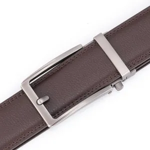 Men's dark brown leather belt with matte silver automatic buckle and lychee texture