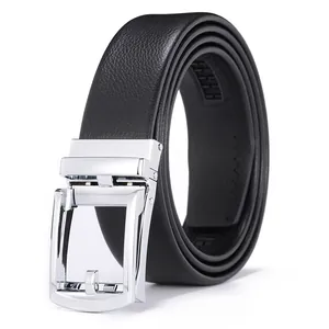 Close-up of silver metal automatic buckle with textured black leather belt strap