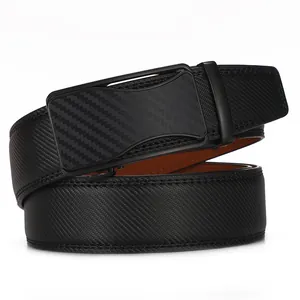 Men's automatic buckle leather belt with carbon fiber finish and twill texture pattern