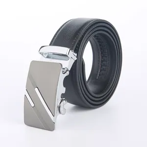 Men's black leather belt with a polished silver automatic buckle and lychee pattern