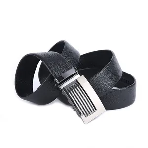 Men's black genuine leather belt with premium automatic alloy buckle for business wear