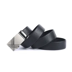 Men's premium black leather belt with silver automatic buckle and engraved grid pattern