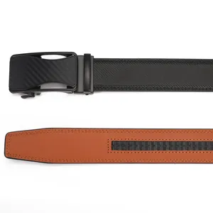Men's automatic leather belt with carbon fiber texture buckle and black woven strap
