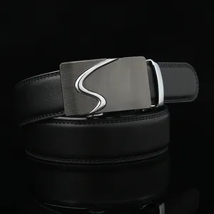 Men's business black leather belt with automatic buckle and gunmetal finish