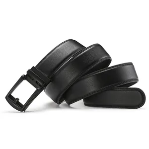 Detail of premium black lychee leather belt with matte finish automatic buckle
