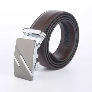 Brown leather belt for men featuring a textured grain and silver automatic metal buckle