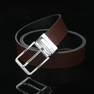 Men's dark brown leather belt with textured grid pattern and silver metal buckle