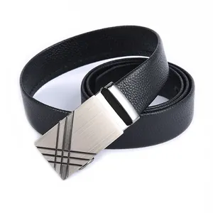 Classic black top grain leather belt with textured silver-tone automatic buckle