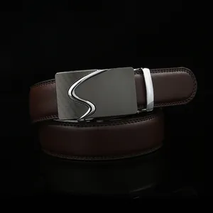 Men's brown genuine leather belt with brushed metal automatic buckle on black background