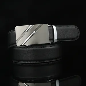 Men's black leather business belt featuring a brushed silver automatic alloy buckle
