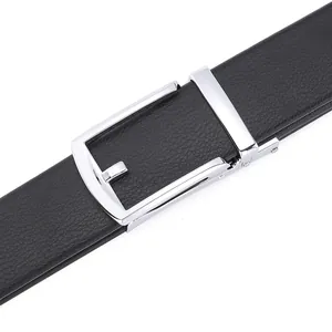 Close-up of black lychee grain genuine leather belt with a polished silver square buckle