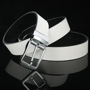 Men's casual genuine leather belt with white grid texture and silver pin buckle closure