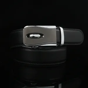 Detail of silver brushed automatic buckle and premium black leather texture on business belt