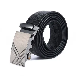 Men First Layer Cowhide Leather Belt With Automatic Alloy Buckle Business Casual Lychee Pattern Adjustable Waist Strap Black