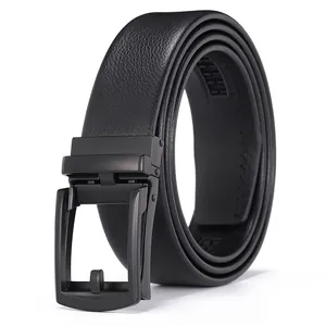 Detail of black lychee grain leather belt with matte black automatic metal buckle