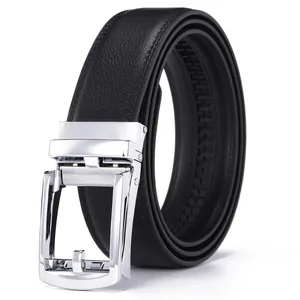 Men's premium black leather belt with a polished silver automatic metal buckle on white background