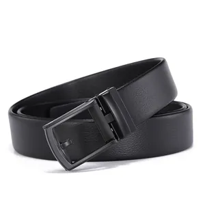 Men's black lychee pattern leather belt featuring a sleek matte black metal buckle