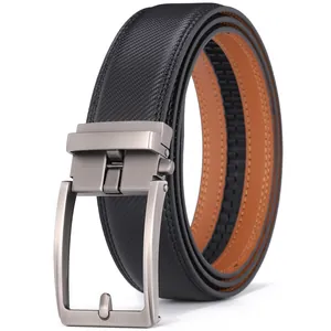 Detail of men's leather belt showing dual-color strap and brushed alloy automatic buckle