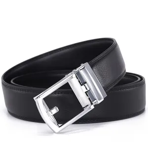 Men's genuine leather belt with classic black texture and silver automatic metal buckle