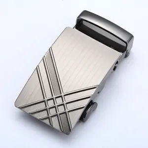 Business alloy automatic belt buckle with gun-grey brushed finish and geometric pattern