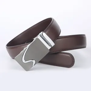Men's business casual leather belt with dark brown litchi texture and silver automatic buckle