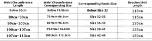 Detailed size chart for men leather belts showing waist measurements and belt lengths