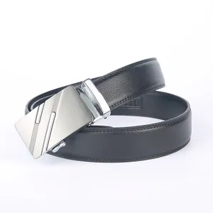 Men's black genuine leather belt with a silver brushed automatic buckle for casual wear