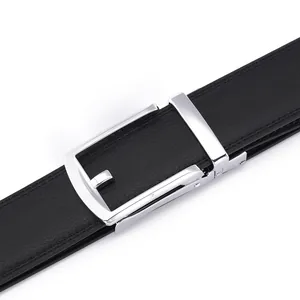 Detail of genuine leather belt with classic silver automatic metal buckle for men