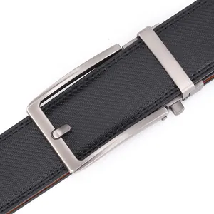 Men's black leather business belt with herringbone texture and matte metal automatic buckle