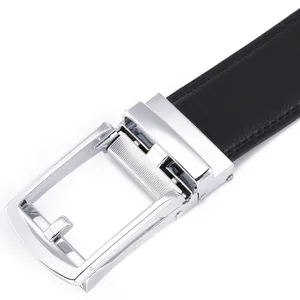 Classic 3.5cm wide black leather belt with a polished silver automatic buckle for men