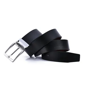 Classic black genuine leather belt for men featuring a polished silver rectangular buckle