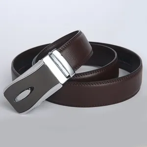 Men's premium brown lychee grain leather business belt with silver automatic metal buckle
