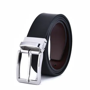 Men's reversible black and brown genuine leather business belt with silver pin buckle