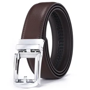 Deep brown business leather belt with automatic silver buckle and fine litchi texture