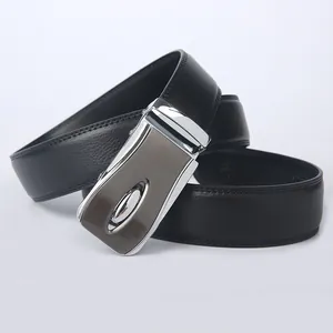 Men's business black leather belt with automatic silver metal buckle and lychee texture