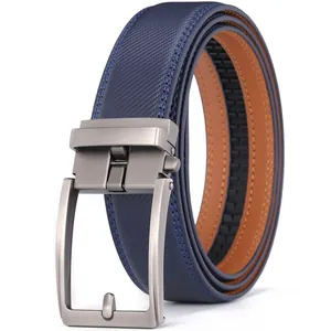 Classic men's blue leather belt with cross texture, gun-metal buckle and auto-slide rail