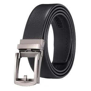 Men's black lychee pattern leather belt with a brushed silver metal automatic buckle