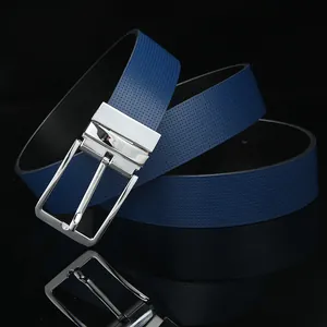 Blue leather belt with micro-perforated texture and polished silver pin buckle on black background