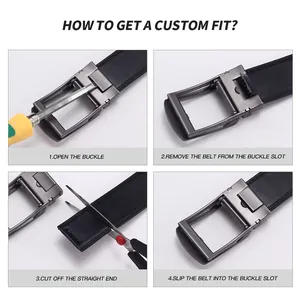 Men's leather belt with automatic buckle showing steps to adjust length by cutting