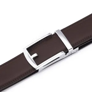 Classic 3.5cm wide dark brown genuine leather men's business belt with silver buckle