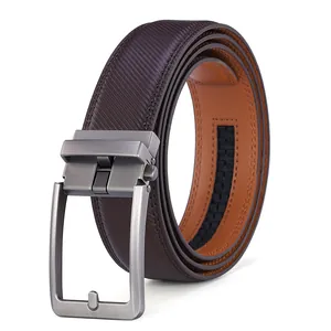 Detail of dark brown leather belt with brushed metal buckle and precise stitching