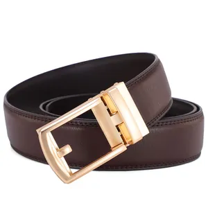 Men's dark brown leather belt with luxury gold automatic buckle for business style