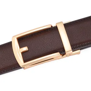 Detail of premium brown leather belt with luxury gold automatic sliding metal buckle