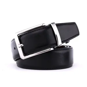 Classic men's black leather belt with silver rotating pin buckle for business formal wear