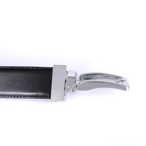 Men's genuine black leather belt featuring a polished silver rotating pin buckle