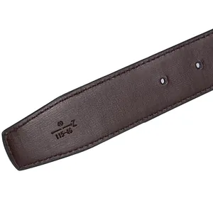 Detailed macro view of the dark brown leather belt end with fine stitching and size stamp
