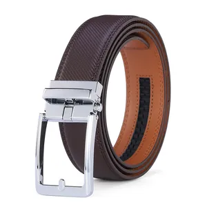 Detail of dark brown leather belt with diagonal texture and silver automatic buckle