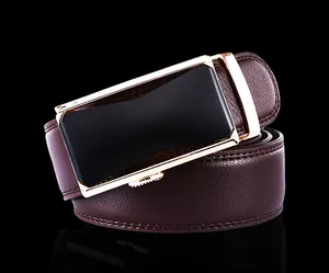 Detailed close-up of dark brown leather belt with a gold-edged automatic alloy buckle
