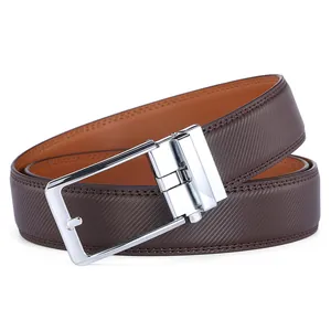 Close-up of men's dark brown leather belt with Saffiano texture and silver buckle