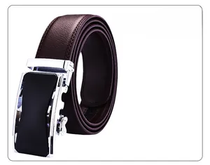 Macro shot of dark brown leather belt with lychee texture and silver alloy automatic buckle